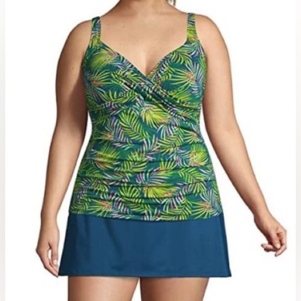 Lands' End-NEW-Womens Underwire Wrap Tankini Swim Top and Shorts. 20W (DD) Teal
